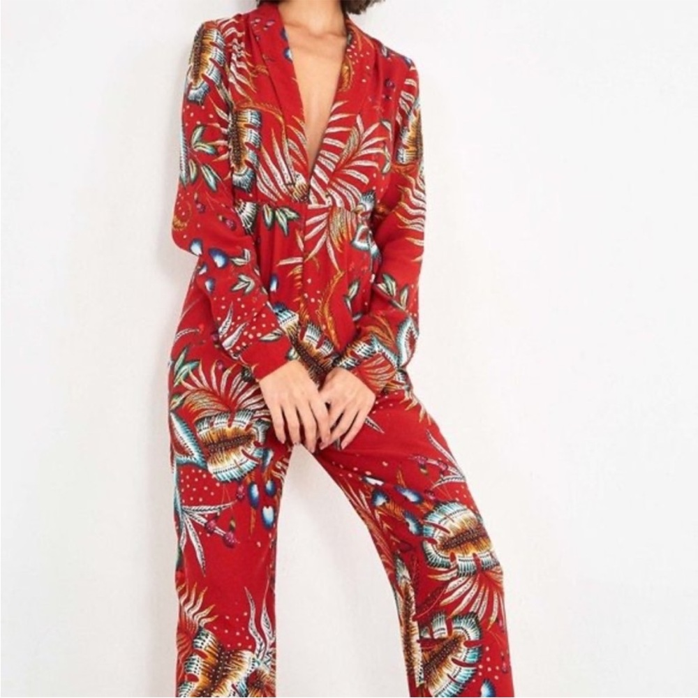 Farm Rio Jumpsuit Women Size XS Elegant Red Floral V-neck long sleeves waterfall